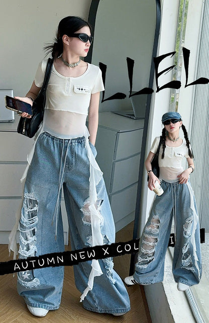 Hip-hop girl group hiphop catwalk ripped jeans jazz dance performance clothes 2pcs Set