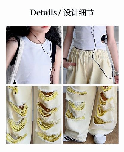 Trendy Cool Jeans Casual Vest Two-piece Set Ripped Pants