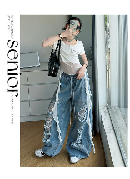 Hip-hop girl group hiphop catwalk ripped jeans jazz dance performance clothes 2pcs Set