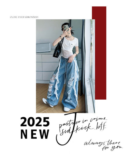 Hip-hop girl group hiphop catwalk ripped jeans jazz dance performance clothes 2pcs Set