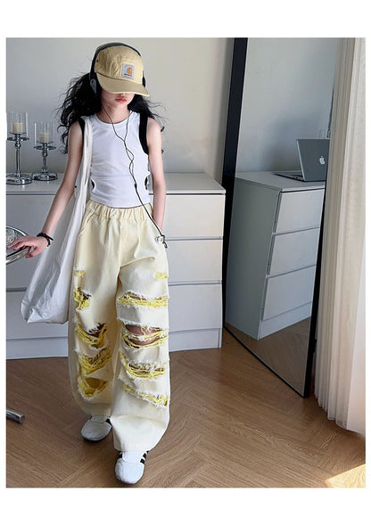 Trendy Cool Jeans Casual Vest Two-piece Set Ripped Pants