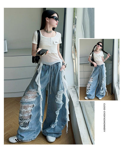 Hip-hop girl group hiphop catwalk ripped jeans jazz dance performance clothes 2pcs Set