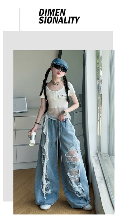 Hip-hop girl group hiphop catwalk ripped jeans jazz dance performance clothes 2pcs Set