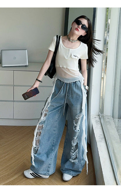 Hip-hop girl group hiphop catwalk ripped jeans jazz dance performance clothes 2pcs Set