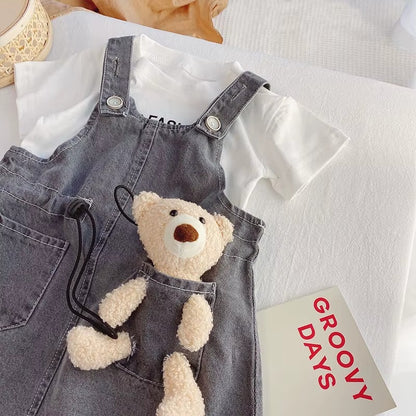 Girls Short Sleeve Top Suspender Dress Clothes Sets Summer Children Cotton T-Shirt Denim Dress 2pcs Outfit Bear