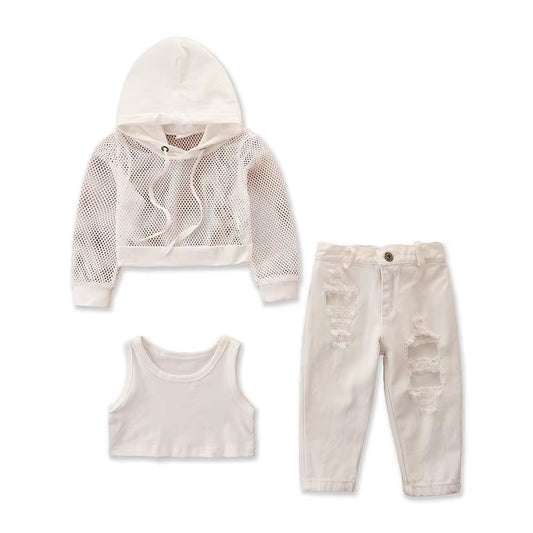 European American Fashionable Mesh Hoodie + Suspenders + Camouflage Pants Children's Summer Sports Three-piece Clothing Se