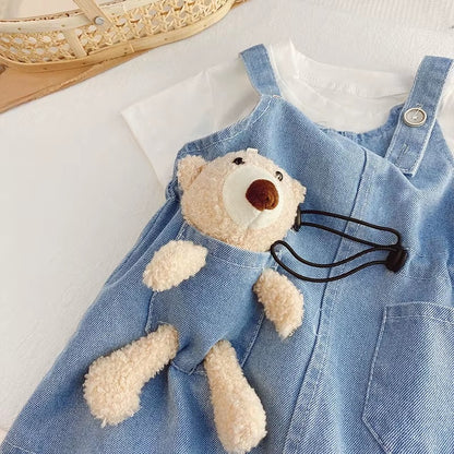 Girls Short Sleeve Top Suspender Dress Clothes Sets Summer Children Cotton T-Shirt Denim Dress 2pcs Outfit Bear