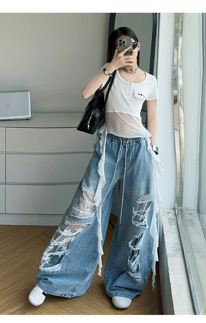 Hip-hop girl group hiphop catwalk ripped jeans jazz dance performance clothes 2pcs Set