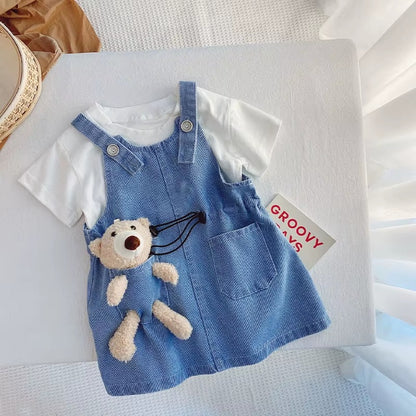 Girls Short Sleeve Top Suspender Dress Clothes Sets Summer Children Cotton T-Shirt Denim Dress 2pcs Outfit Bear