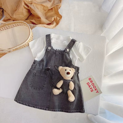 Girls Short Sleeve Top Suspender Dress Clothes Sets Summer Children Cotton T-Shirt Denim Dress 2pcs Outfit Bear