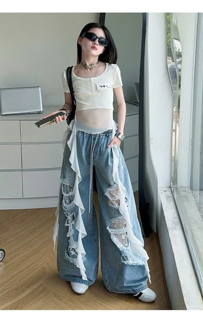 Hip-hop girl group hiphop catwalk ripped jeans jazz dance performance clothes 2pcs Set