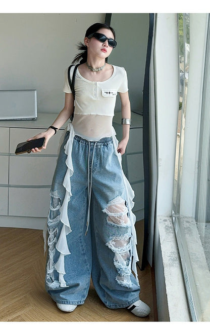 Hip-hop girl group hiphop catwalk ripped jeans jazz dance performance clothes 2pcs Set