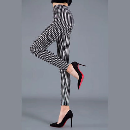 Women Plaid Leggings Fashion Print Fitness Houndstooth Floral Stripe Dot Leopard Pure Black Pants High Waist Trousers