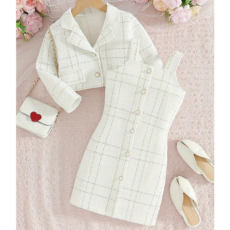 European style Chanel style girls suspender suit lapel long-sleeved coat plaid children's autumn French two-piece dress (Available)