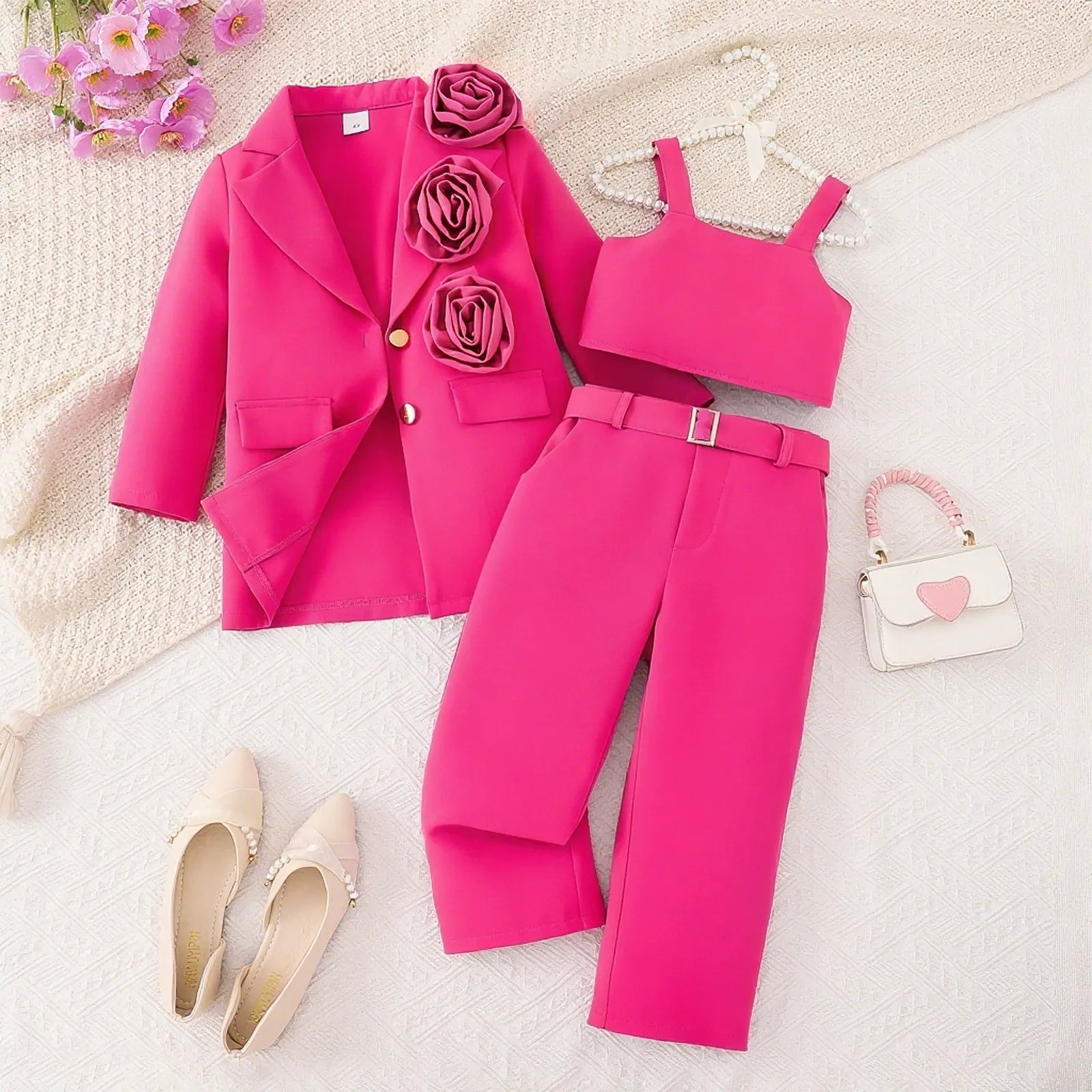 Three-dimensional Flower Suit Jacket Tank Top Trousers Multi-piece Set (Available)