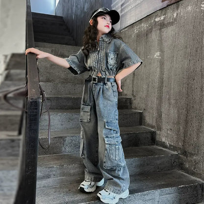 hildren's Korean style cool overalls two-piece suit