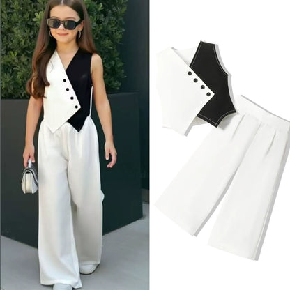 V-neck waistcoat vest top + solid color wide-leg trousers set