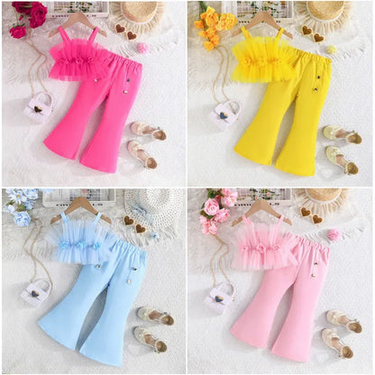 Solid Color Rose Flower Top Mesh + Flared Trousers Fashion Set