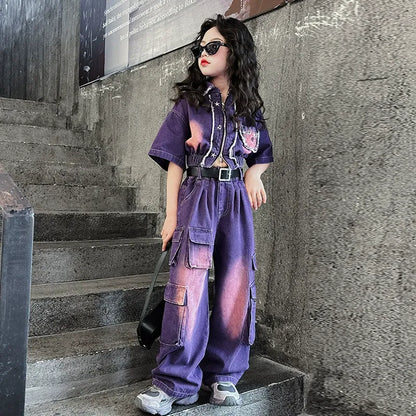 hildren's Korean style cool overalls two-piece suit