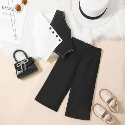 V-neck waistcoat vest top + solid color wide-leg trousers set