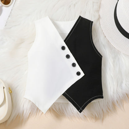 V-neck waistcoat vest top + solid color wide-leg trousers set