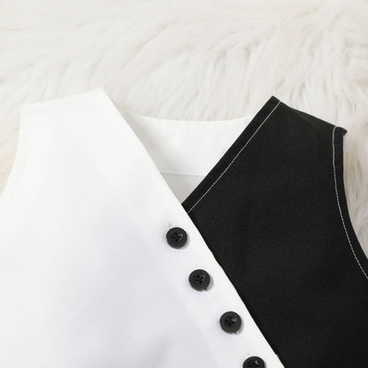 V-neck waistcoat vest top + solid color wide-leg trousers set