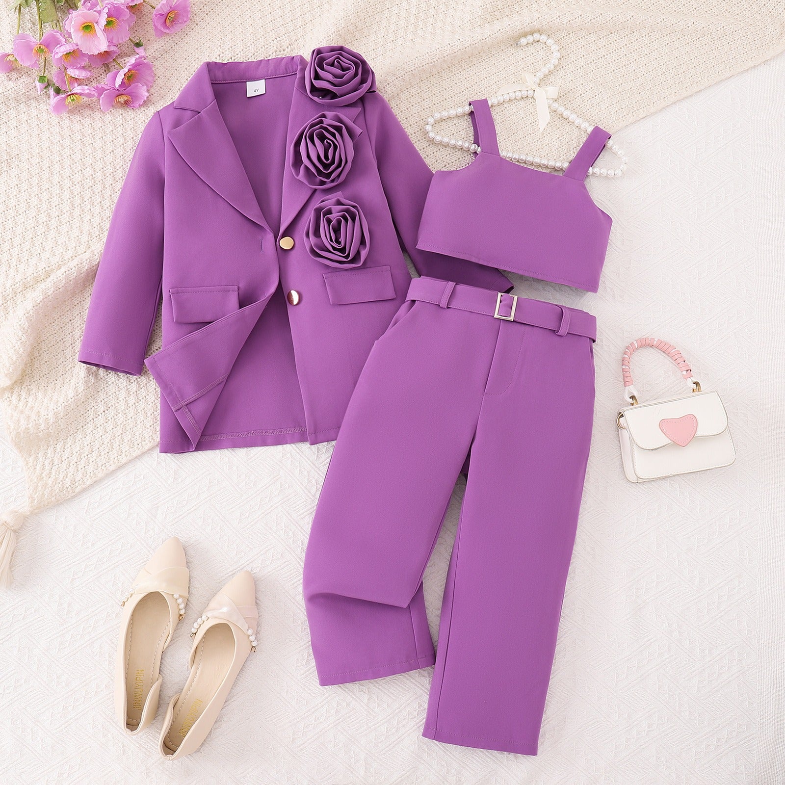 Three-dimensional Flower Suit Jacket Tank Top Trousers Multi-piece Set (Available)