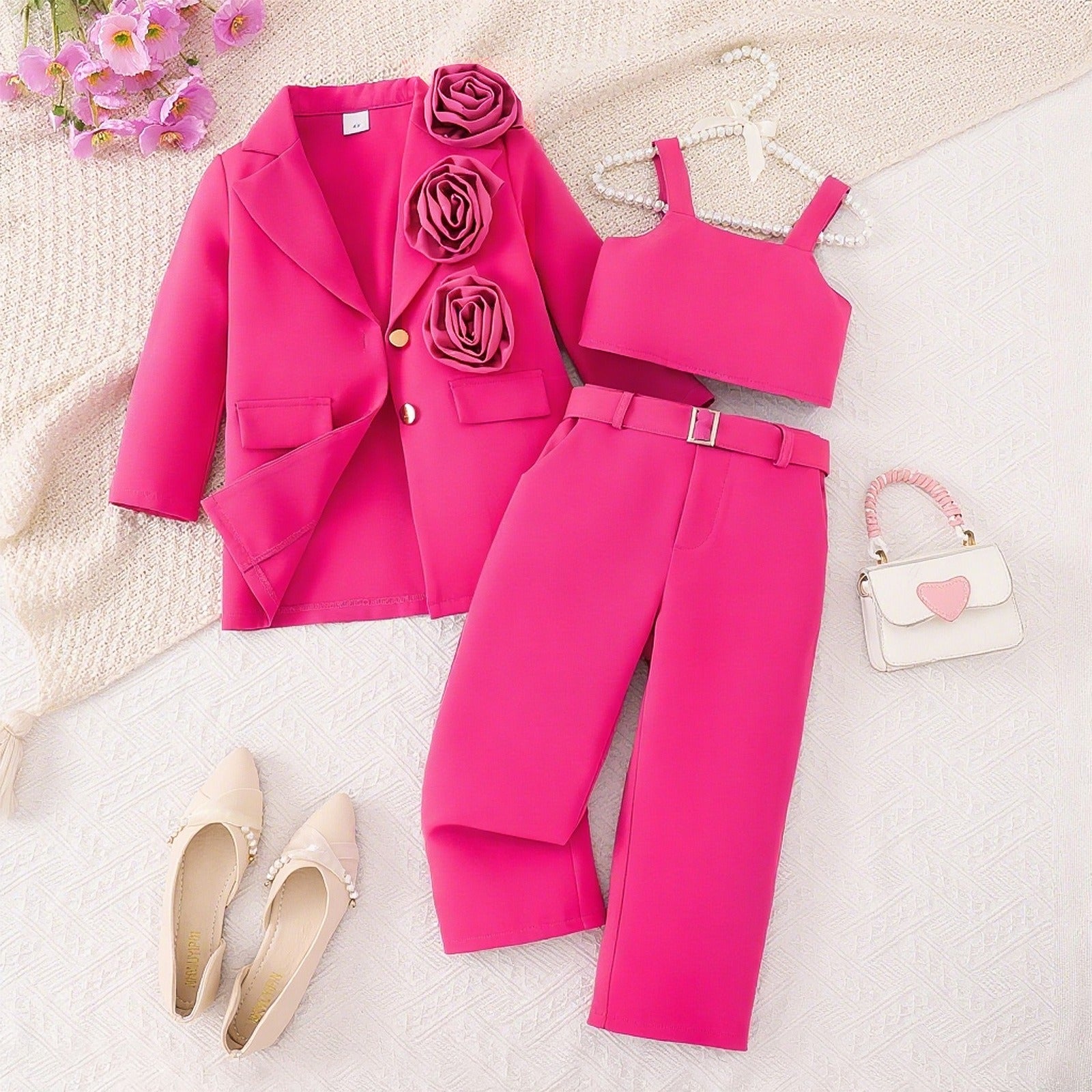 Three-dimensional Flower Suit Jacket Tank Top Trousers Multi-piece Set (Available)