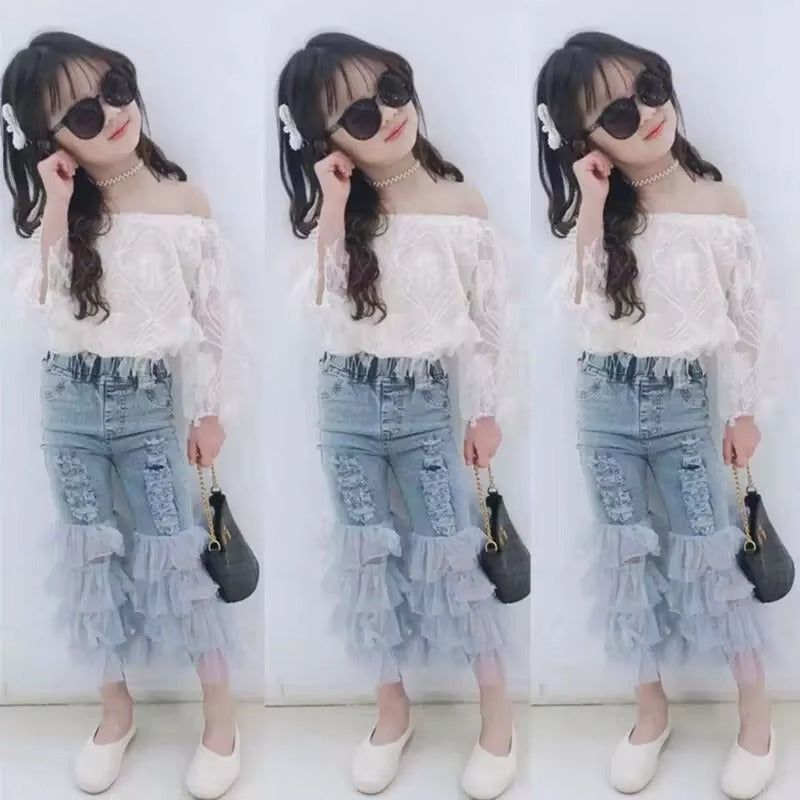 1-5Y Kids Clothing Spring and Summer 60%Cotton One-shoulder Tops + Jeans Flared Pants Girls Clothes Sets