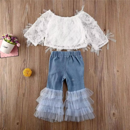 1-5Y Kids Clothing Spring and Summer 60%Cotton One-shoulder Tops + Jeans Flared Pants Girls Clothes Sets