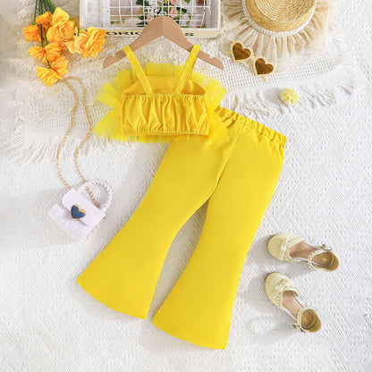 Solid Color Rose Flower Top Mesh + Flared Trousers Fashion Set