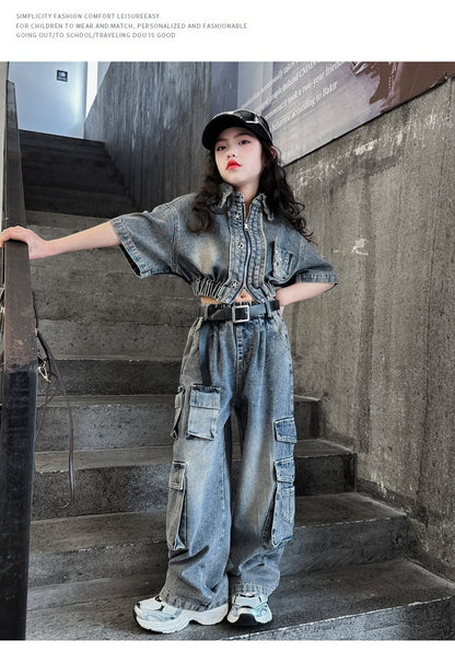 hildren's Korean style cool overalls two-piece suit