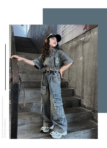 hildren's Korean style cool overalls two-piece suit