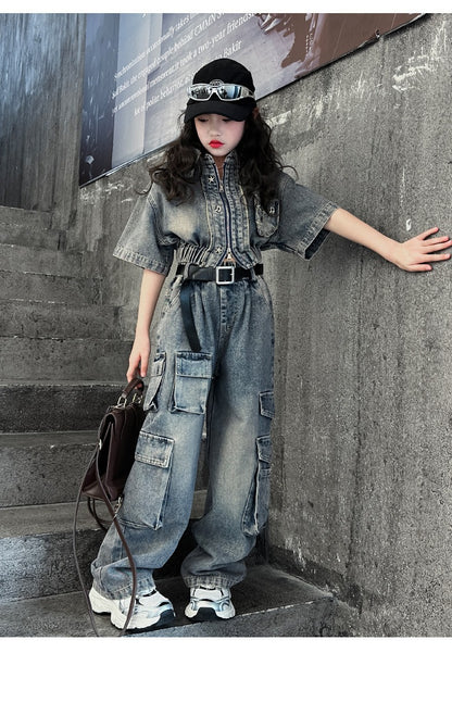 hildren's Korean style cool overalls two-piece suit