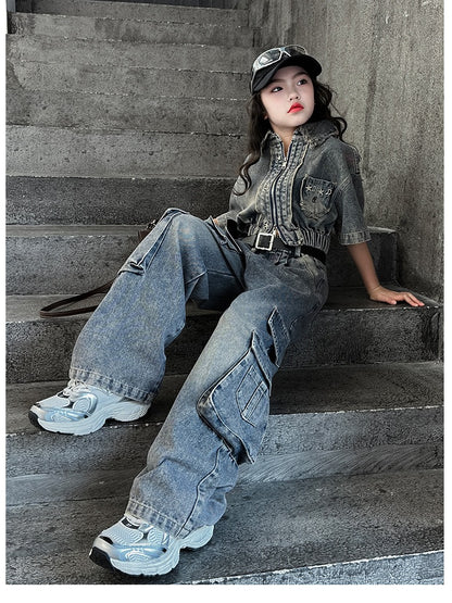 hildren's Korean style cool overalls two-piece suit