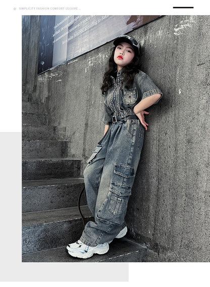 hildren's Korean style cool overalls two-piece suit