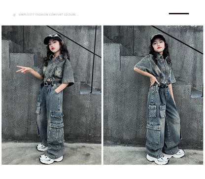 hildren's Korean style cool overalls two-piece suit