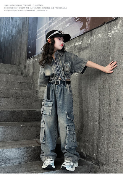 hildren's Korean style cool overalls two-piece suit