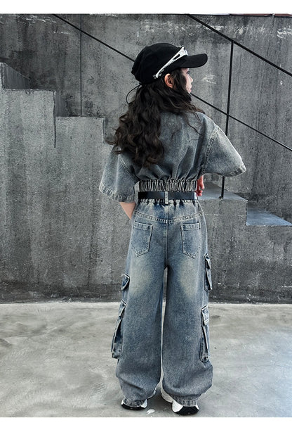 hildren's Korean style cool overalls two-piece suit