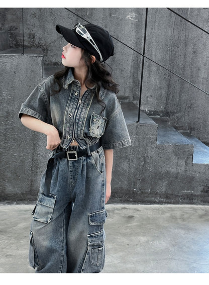 hildren's Korean style cool overalls two-piece suit