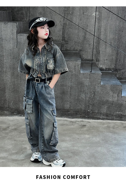 hildren's Korean style cool overalls two-piece suit