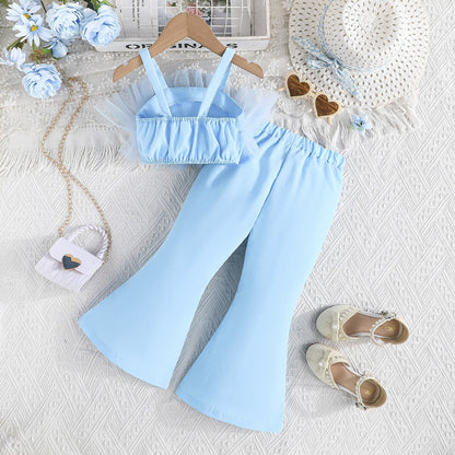 Solid Color Rose Flower Top Mesh + Flared Trousers Fashion Set