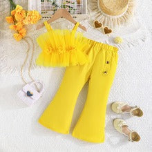 Solid Color Rose Flower Top Mesh + Flared Trousers Fashion Set