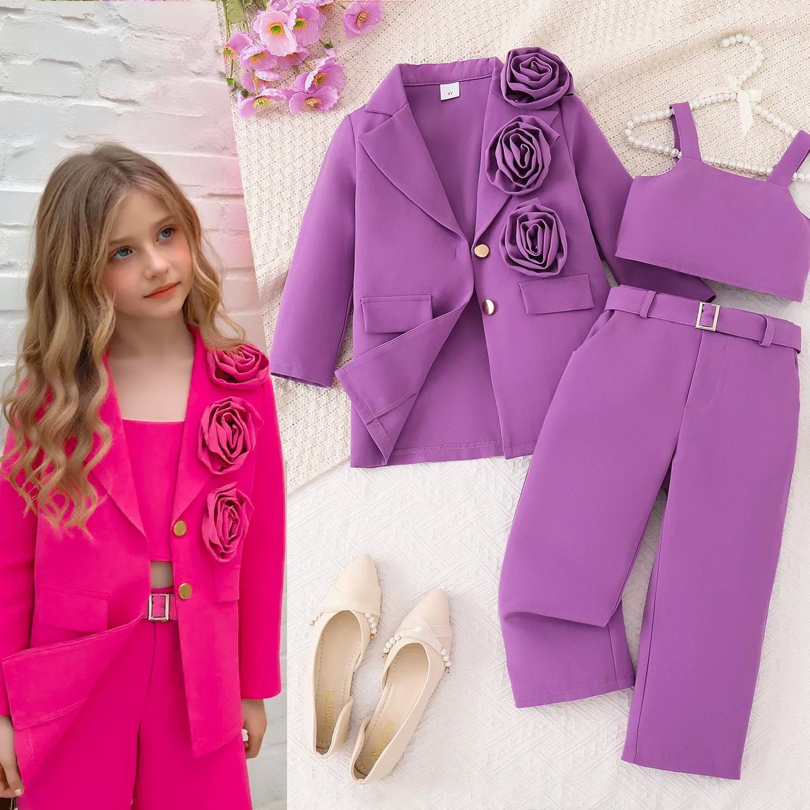 Three-dimensional Flower Suit Jacket Tank Top Trousers Multi-piece Set (Available)