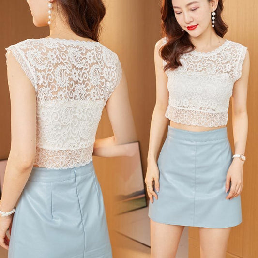 Women Paisley Floral Lace Sleeveless Detachable Collar Crewneck Half Shirt Blouse