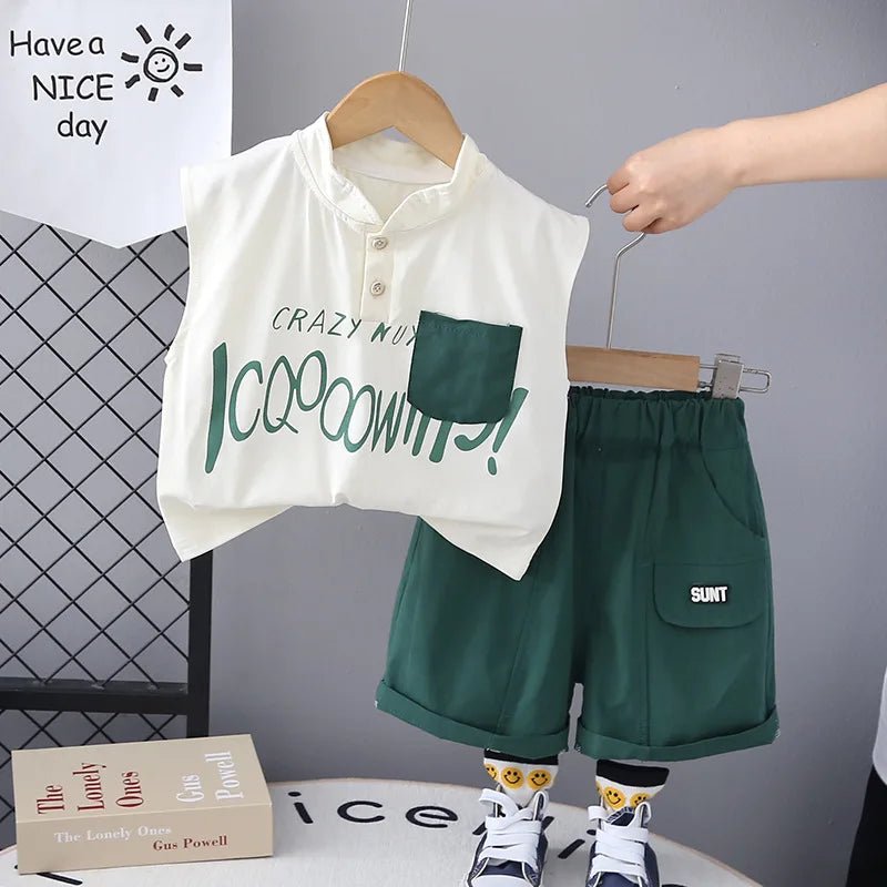 Kids Baby Boy 2 Piece Set Summer Fashion Letter Print Turtleneck Sleeveless T-shirts and Shorts Infant Boys Clothes Outfits - Mom & Kids
