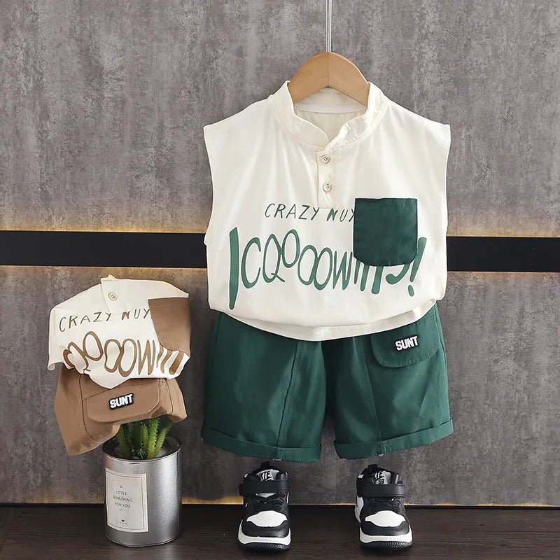 Kids Baby Boy 2 Piece Set Summer Fashion Letter Print Turtleneck Sleeveless T-shirts and Shorts Infant Boys Clothes Outfits - Mom & Kids
