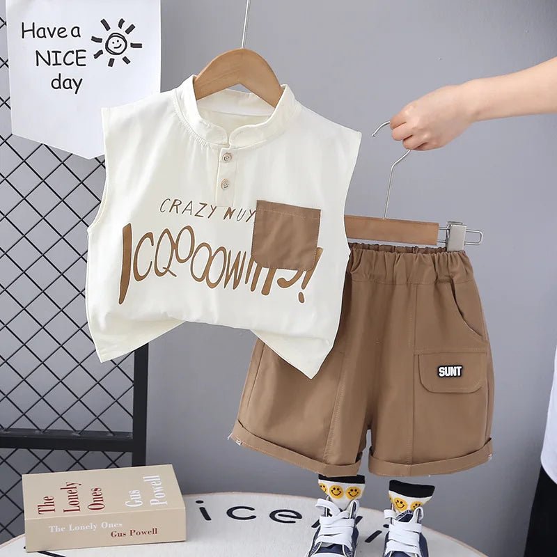 Kids Baby Boy 2 Piece Set Summer Fashion Letter Print Turtleneck Sleeveless T-shirts and Shorts Infant Boys Clothes Outfits - Mom & Kids
