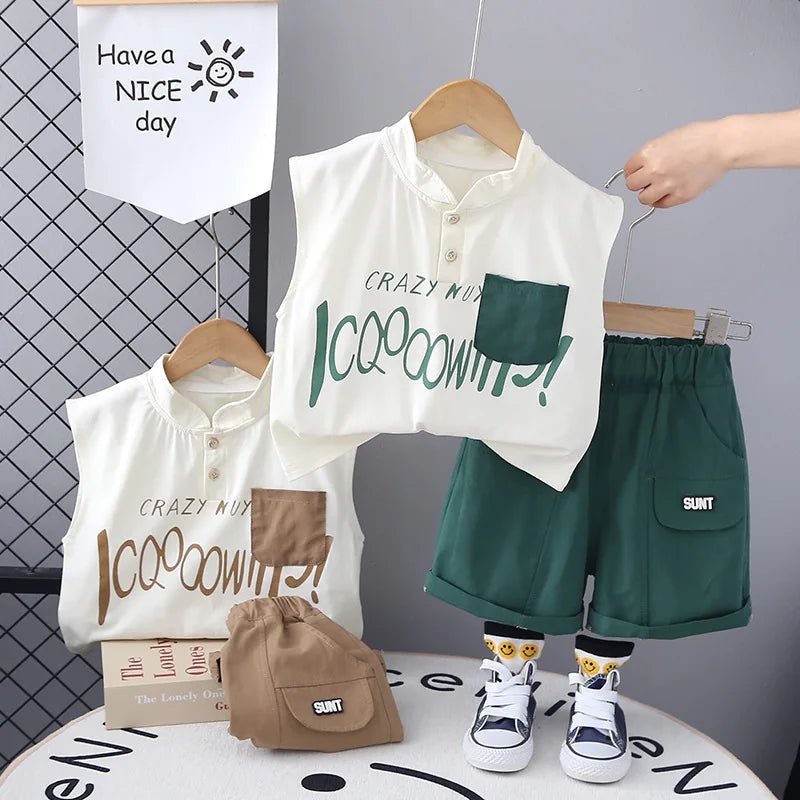 Kids Baby Boy 2 Piece Set Summer Fashion Letter Print Turtleneck Sleeveless T-shirts and Shorts Infant Boys Clothes Outfits - Mom & Kids