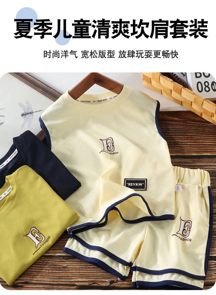 Kids Clothing Sets Summer Sleeveless T-shirt +shorts 2pcs/set Sport Suits for Boys Waffle Baby Sports Tracksuits Toddler Outfits - Mom & Kids
